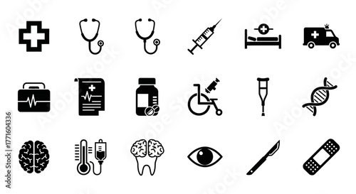 Collection of black silhouette medical icons. Set of healthcare, hospital, and science symbols for web and print design