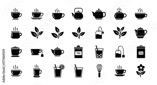 A versatile set of minimalist tea icons, featuring teapots, cups, and leaves. Simple black glyphs perfect for cafe and beverage design projects