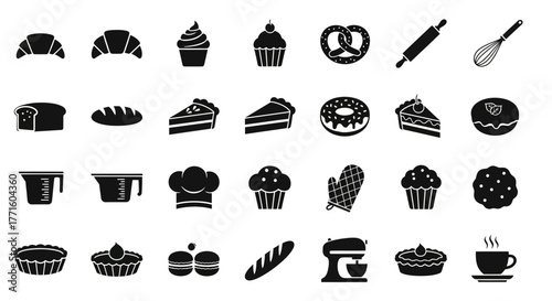 Comprehensive collection of black silhouette glyph icons for bakery and pastry shops. Vector symbols representing baking, bread, cakes, and desserts