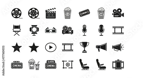 Cinema and filmmaking glyph icon set. A collection of movie production symbols like popcorn, camera, and film reel
