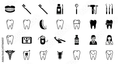 Set of simple line and solid icons representing various aspects of dental treatment, oral hygiene, and stomatology