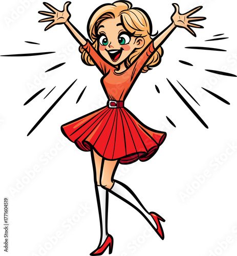 Happy enthusiastic woman, blonde in red