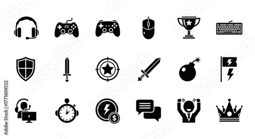 A solid black glyph icon set representing various video game and esports elements such as controllers, headsets, trophies, and in-game items