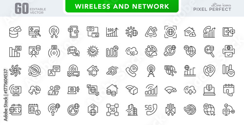 Wireless Wi-fi and network line icon set. Connection, Signal, Website, mobile, Wireless, Communication, Computer outline icons pack. Editable stroke