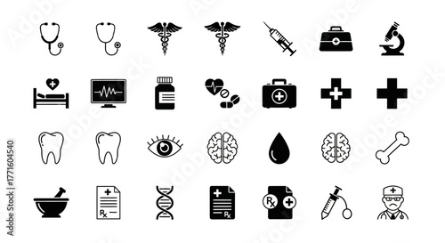 A comprehensive set of flat design medical and healthcare icons, including symbols for hospital, science, and emergency services, isolated on a white background