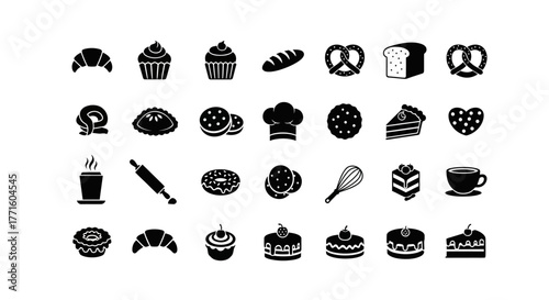 Black and white vector icon set featuring various baked goods, sweets, and patisserie elements for design projects