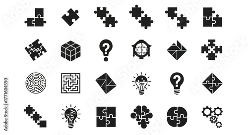Monochrome icon set symbolizing challenges, creative problem-solving, and the process of devising innovative business solutions