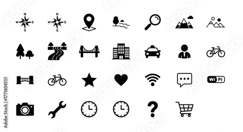 Set of universal solid icons representing city life, travel destinations, and web pictograms for map and application design