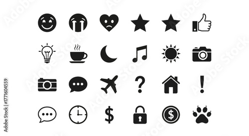 Set of universal black solid glyph icons for web design and mobile apps. Collection of flat vector symbols like emoji, travel, and social media signs