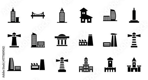 Vector icon set of city architecture and industrial buildings. A collection of black glyphs including skyscrapers, lighthouses, and factories
