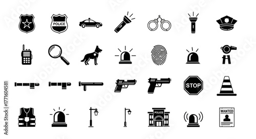 Vector silhouette icons collection for law enforcement and public safety themes, featuring police tools and symbols