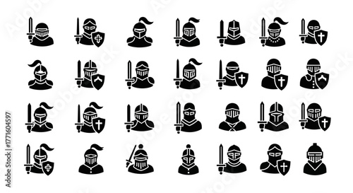 Medieval knight warrior silhouette icon collection, a set of fighter glyphs with armor and weapons for design
