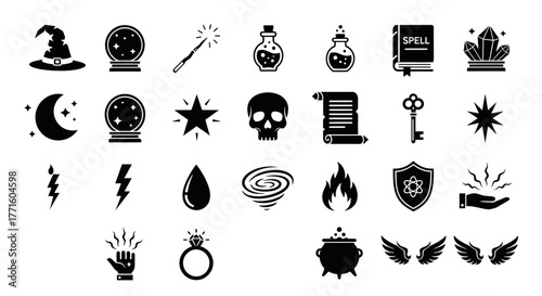 Vector glyph icon set of magic and fantasy elements. A simple collection of witchcraft and alchemy symbols