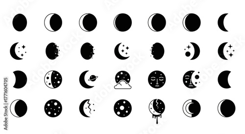 Graphic collection of various moon phase icons in celestial, mystical, and astrological styles for spiritual design