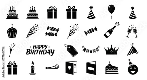 A festive set of monochrome birthday party icons, including cake, gifts, and balloons, for celebration design projects kufu 456