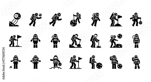 Spaceman character pictogram collection showing an astronaut performing various actions and activities during a space exploration mission
