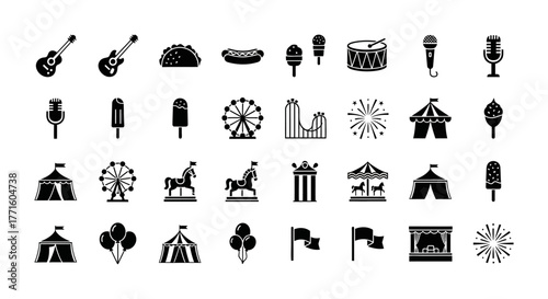 Amusement park and fair festival vector icon collection. Minimalist black silhouette symbols for web and graphic design elements