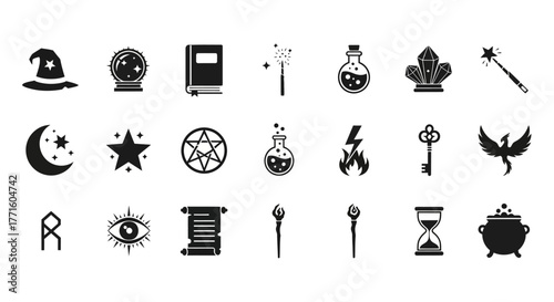 A comprehensive set of magic and sorcery icons. Black silhouette symbols for fantasy, witchcraft, and alchemy themes