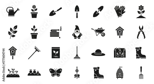 A comprehensive collection of solid black glyph icons for gardening, horticulture, and farming, perfect for web design and creative projects