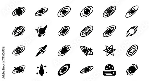 Set of black silhouette galaxy and space icons. A diverse collection of celestial glyph symbols for astronomy and science vector designs