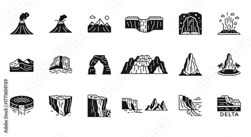 A comprehensive set of minimalist line art icons depicting various geological landforms, natural wonders, and outdoor landscapes