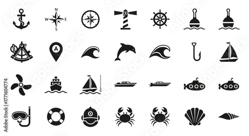 A comprehensive collection of marine and sailing glyph icons, including ship, anchor, and sea life symbols