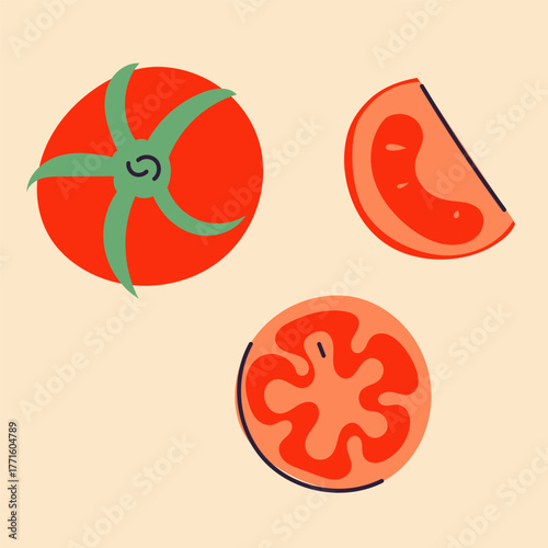 Vector illustration of tomatoes in flat, doodle, minimalist style. Simple hand-drawn food design with tomato fruits, slices, and branches. Perfect for kitchen decor, packaging, menus, and healthy food