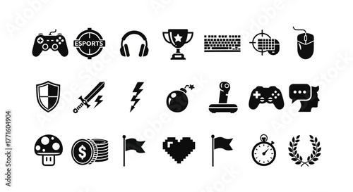 A comprehensive collection of solid black glyph icons representing various elements of video games, esports, and digital entertainment culture