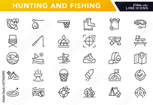 Haunting and fishing line icons. Fisher, activity, hunt, outdoor, baitcamp, arrow, binoculars, vector outline icon set. Editable stroke