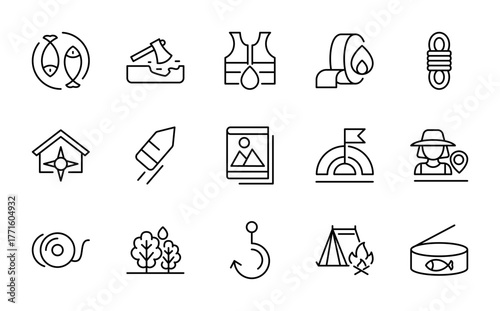 Wildlife Hunting and Fishing linear icon set. Outdoor, recreation, forest, fish, bow, bait, gear, camp, binoculars, vector line icons