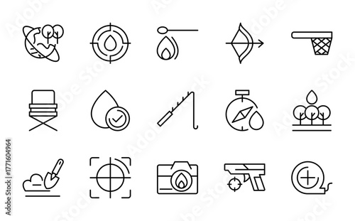 Outdoor Hunting and Fishing linear icon set. Nature, adventure, activity, fish, tools, camp, wildlife, forest, arrow line icons.