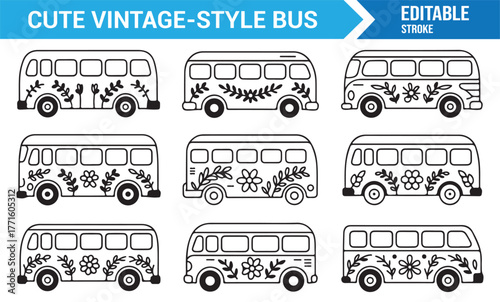 Minimal vintage bus illustrations — line art collection of floral vans and campers