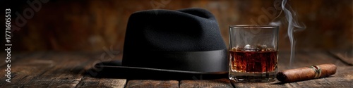 Black Hat, Whiskey Glass, and Smoking Cigar on a Rustic Wooden Table