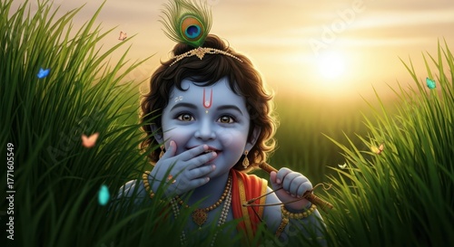 Baby krishna peeking through grass at sunset with butterflies