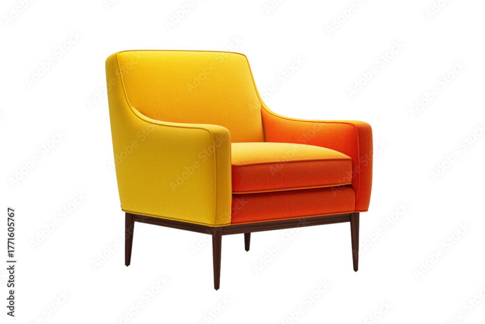 Fototapeta premium Modern armchair in vibrant yellow and orange colors with wooden legs on a white transparent background. 