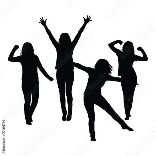 Dynamic silhouettes of four women celebrating together energetic poses expressing joy and empowerment in studio shot silhouette