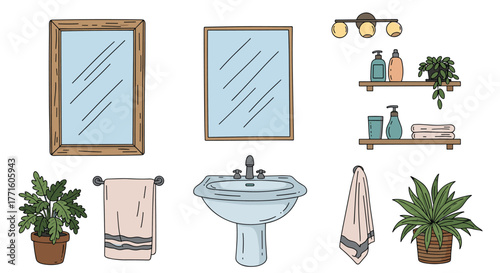 Collection of sketched bathroom items including mirrors, sink, shelves with toiletries, plants, and towels, isolated on white.