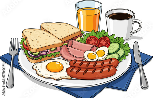 Full breakfast platter with sandwiches, eggs, sausage, coffee, and juice, flat vector illustration.