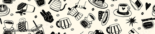 Morning coffee seamless pattern, hand drawn hot drink doodle banner, cafes breakfast cartoon graphic. Black espresso cup, big cappuccino mug, trendy background menu decor. Coffee pattern charcoal art