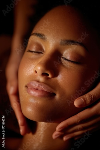 A serene African American woman relaxes with a facial massage in a spa setting with warm light