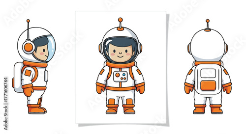 Three cartoon astronaut illustrations in white and orange space suits on a clean white background with a flat lay composition.