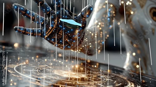 輝く火花を放つデジタルインターフェースに触れるエレガントなサイボーグハンド | Elegant Cyborg Hand Touching a Digital Interface Emitting Brilliant Sparks