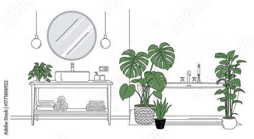 A modern and minimalist bathroom interior design featuring lush green houseplants, a stylish sink, mirror, and bathtub, depicted in clean line art.