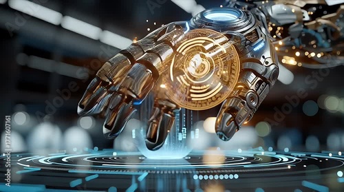 回転するホログラムインターフェースを操作するサイボーグアームのクローズアップ | Close-up of a Cyborg Arm Manipulating a Rotating Hologram Interface