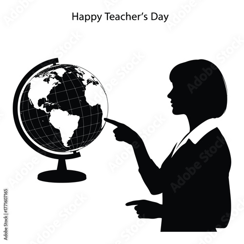 Silhouette of a teacher pointing to a globe symbolizing global education and happy teacher's day celebration silhouette