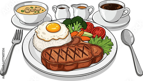 Complete meal platter with steak, egg, rice, and vegetables, flat vector illustration.
