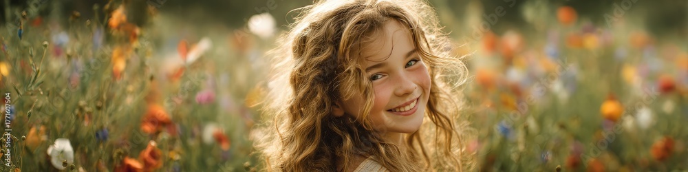 Naklejka premium Happy Curly-Haired Girl Smiling Brightly in a Field of Vibrant Wildflowers