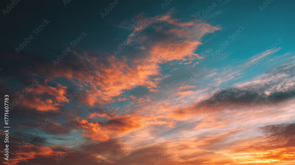 Fototapeta premium A dramatic sky filled with orange and blue clouds during a vibrant sunset scene view