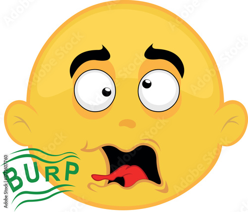 vector illustration yellow face character emoticon cartoon, mouth burping with the text burp