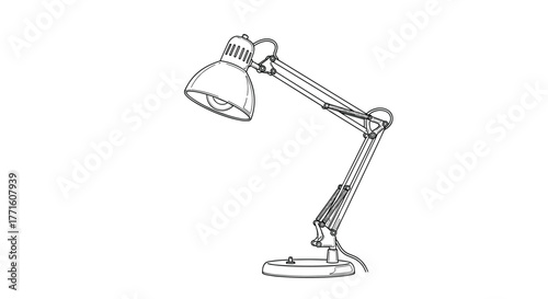 An adjustable desk lamp illustration, featuring a spring-loaded arm and domed shade, ideal for work or study environments.